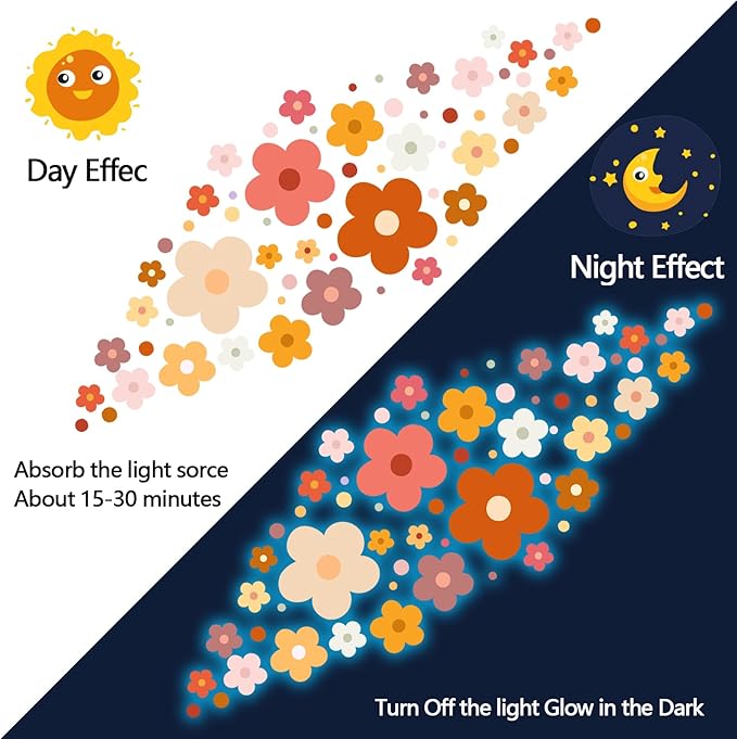 Glow in The Dark Y2k Cute Flowers Wall Decals，Glowing Luminous Colorful Boho Floral Wall Stickers Removable self-Adhesive Flower Decals for Girls Bedroom Kids Baby Nursery Living Room (Classic Color)