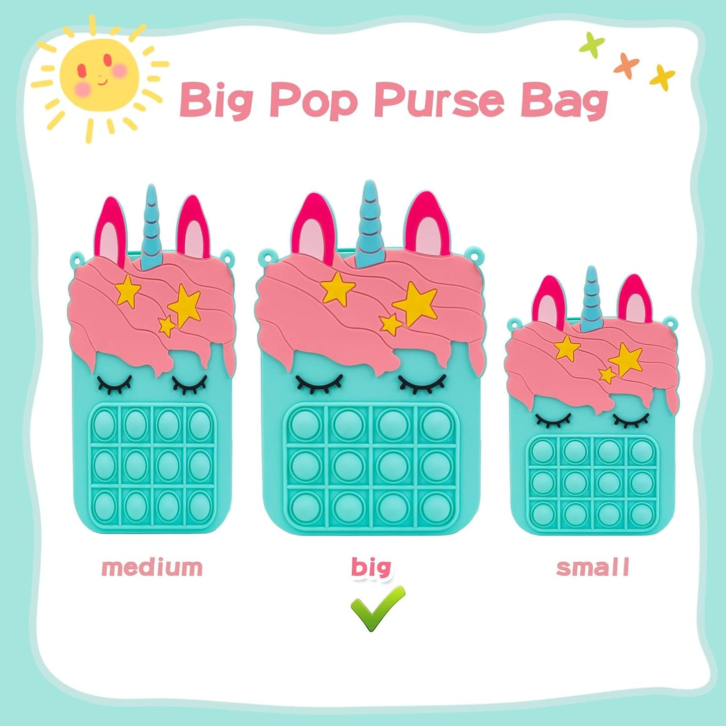 Civan Blue Big Purple Bag for Girls Unicorn Pop Purse for her, Pop Fidget Toy for Girls, Push Pop Bubble Fidget Sensory Toy, Stress Release Pop Coin Purse, Party Favors Unicorn Birthday Gifts