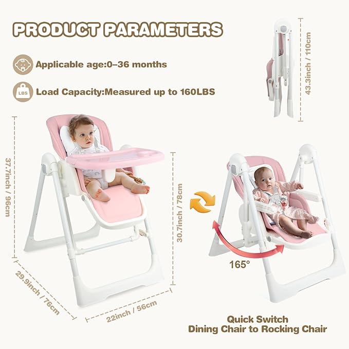 High Chairs for Babies and Toddlers Foldable High Chair Adjustable with Reclining Seat & Leg Rest, 3-in-1 Convertible Baby Swings with Tool-Free Assembly (Pink)