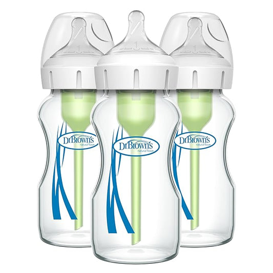 Dr. Brown's Natural Flow Anti-Colic Options+ Wide-Neck Glass Baby Bottles 9 oz/270 mL, with Level 1 Slow Flow Nipple, 3 Pack, 0m+