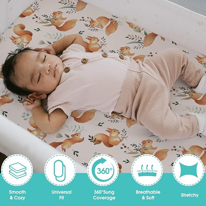Pack n Play Sheets, BROLEX 2 Pack Mini Crib Sheets,Stretchy Portable Fitted Playard Sheet Set, Convertible Playard Mattress Cover,Ultra Soft Breathable Material,Squirrel & Foliage