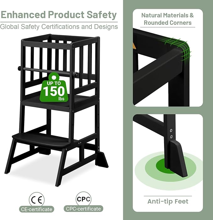 COSYLAND Toddler Standing Tower - Adjustable Height Toddler Kitchen Stool Helper - Kids Kitchen Step Stool for Learning with Removable Safety Railing Black