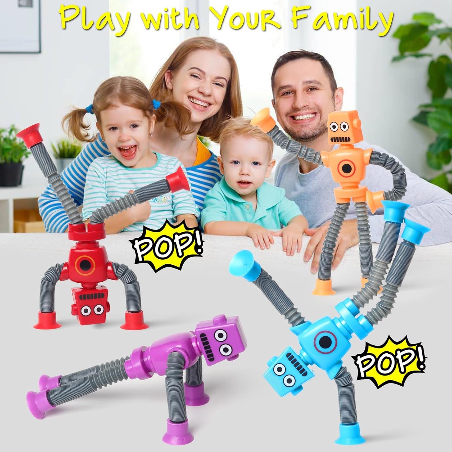 4 Pcs Telescopic Suction Cup Robot Toy, Coolest Pop Tubes Sensory Toys for Toddlers, Educational Fidget Toys Robot Party Favors for Anxiety Kids for 3-9 Year Old Boys Girls