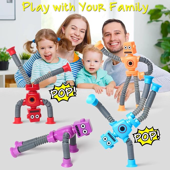 4 Pcs Telescopic Suction Cup Robot Fidget Toy, Coolest Pop Tubes Sensory Toys for Toddlers, Educational Toys Robot Party Favors for Anxiety Kids for 3-9 Year Old Boys Girls