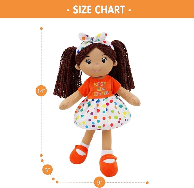 June Garden 14" Snuggle Cutie Lila – Best Big Sister Soft Plush Doll – Stuffed Girl Doll with Polka Dot Dress and Bow for Toddlers & Big Sister Announcements - Orange M