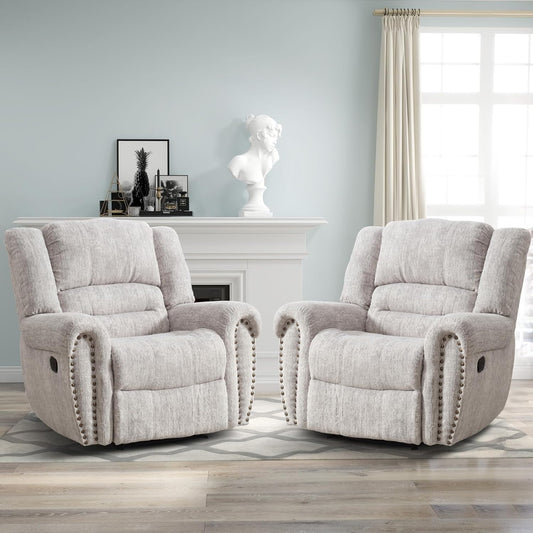 CANMOV Manual Recliner Chair Set of 2, Classic and Traditional Manual Recliner Chair with Comfortable Arms and Back Single Sofa for Living Room, White Grey