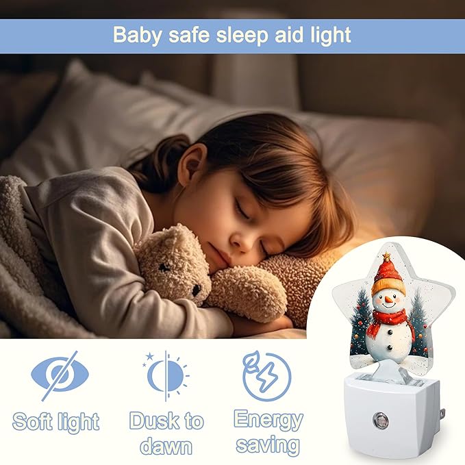 Night Light,Christmas Snowman Plug into Wall with Dusk to Dawn Light Sensors,Winter Trees Warm Star Nightlights for Bedroom,Bathroom,Hallway,Kitchen Home Decor Desk Lamp