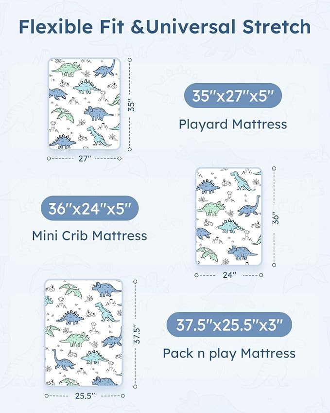 Pack and Play Sheets Fitted 3 Pack, Mini Crib Sheets for Pack N Play Mattress Stretchy Portable Playard Sheets, Soft Breathable Green & Blue Dinosaur