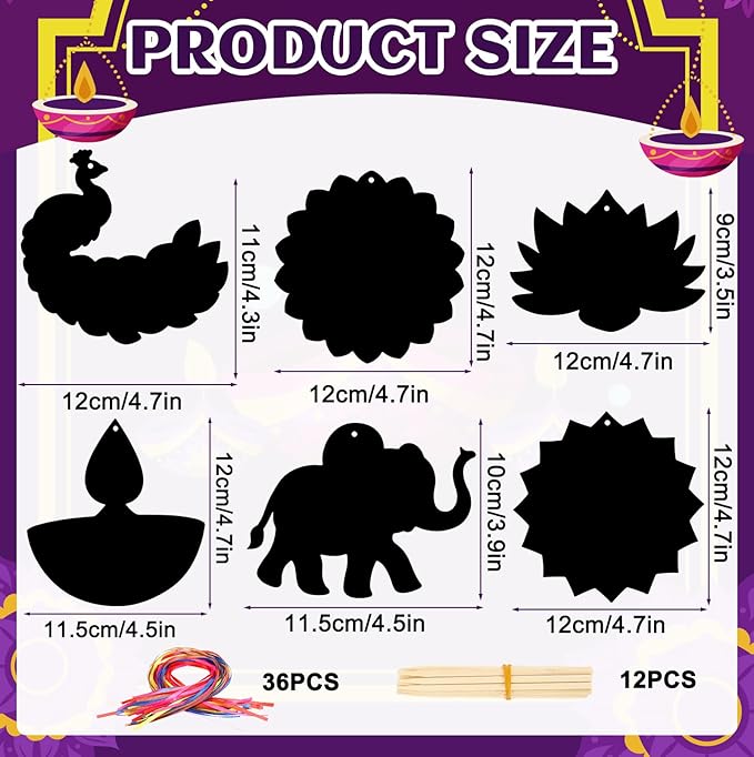 JULMELON 36 PCS Diwali Crafts, Rainbow Scratch Art DIY Scratch Paper Cards Magic Color Diwali Gifts Arts and Craft Kits Bulk Happy Diwali Party Favors School Activities Games