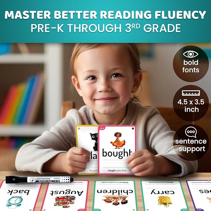 QUOKKA 520 Sight Words Flash Cards for Kids – 5 Levels from Pre-K to 3rd Grade – Bold Font & Jumbo Size & Dry Erase Color-Coded Cards with Rings for Sorting – Based on Dolch & Fry Word Lists