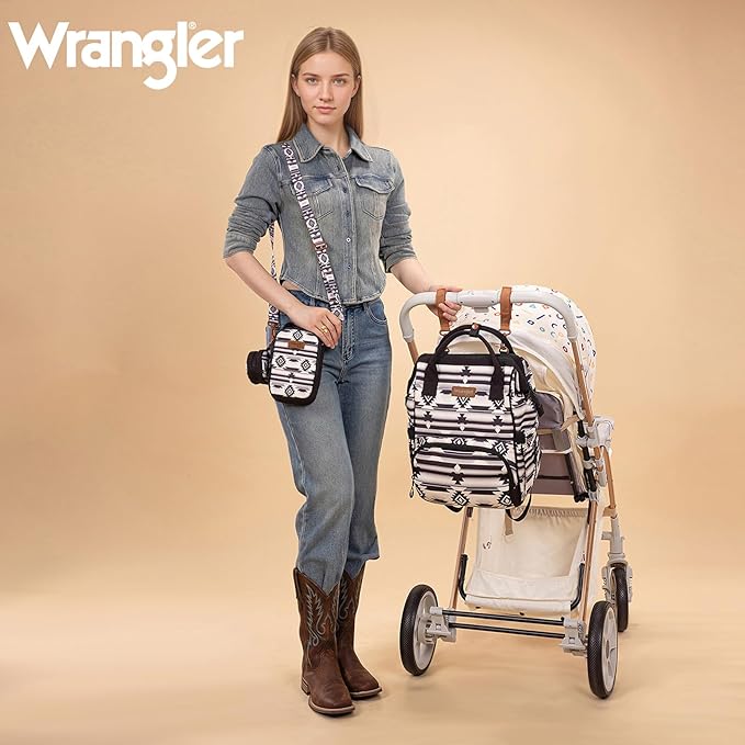 Montana West Wrangler Callie Diaper Bag Backpack with Pacifier Case, Crossbody Bottle Bag and Stroller Straps Western Pattern Multifunction Baby Travel Bag Set WG2215-9110BK