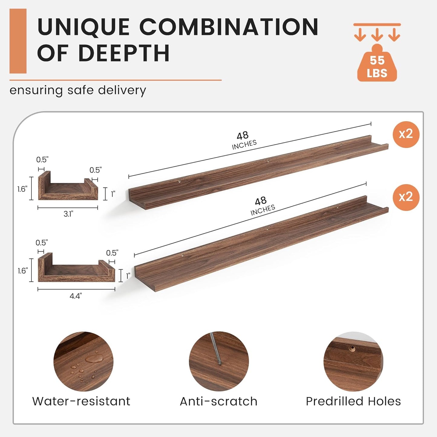 Floating Picture Ledge Shelves for Wall Set of 4, 48 Inch Wall Shelves with Lip Long Large Nursery Book Shelf for Toys Storage Kids Bookshelf Wall Mounted Living Room Bedroom Decor Frames