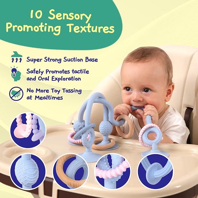 Jumble Jangle Baby Teething Toys – BPA-Free, Multi Purpose High Chair Toys for Babies: Suction Teething Relief with Sensory Toy Textures for Infants and Toddlers 0–24+ Months (Light Blue)