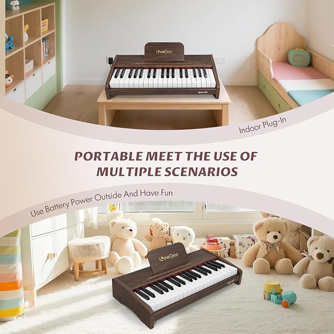 LeeQee 37-Key Wooden Kids Piano Keyboard - Electronic Music Toy with Pro Sound, Educational Learning Modes & Portable Power - Best Toddler Educational Gift for Aspiring Musicians