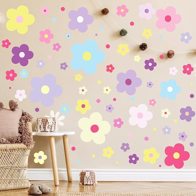 Glow in The Dark Y2k Cute Flowers Wall Decals，Glowing Luminous Colorful Floral Wall Stickers Colorful Removable self-Adhesive Preppy Hippie Stickers for Girls Bedroom (Lovely Color)