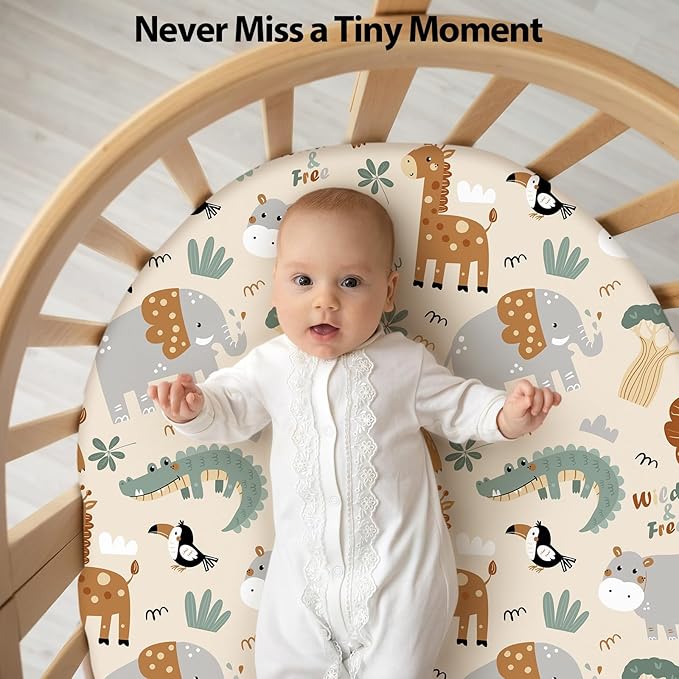 Baby Bassinet Sheets Girl Boy, Fitted Bassinet Sheet Set 3 Pack Bassinet Mattress Sheets Universal Fit for Rectangle, Round, Oval, Hourglass Mattress, Soft Breathable Green & Apricot Lion