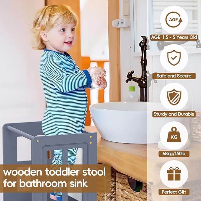 4 in 1 Toddler Kitchen Stool Helper, Adjustable Height Learning Standing Tower with Whiteboard, Toddler Step Stool 2 in 1 Convertible Table and Chair for Kids 1.5 to 6 Years Old