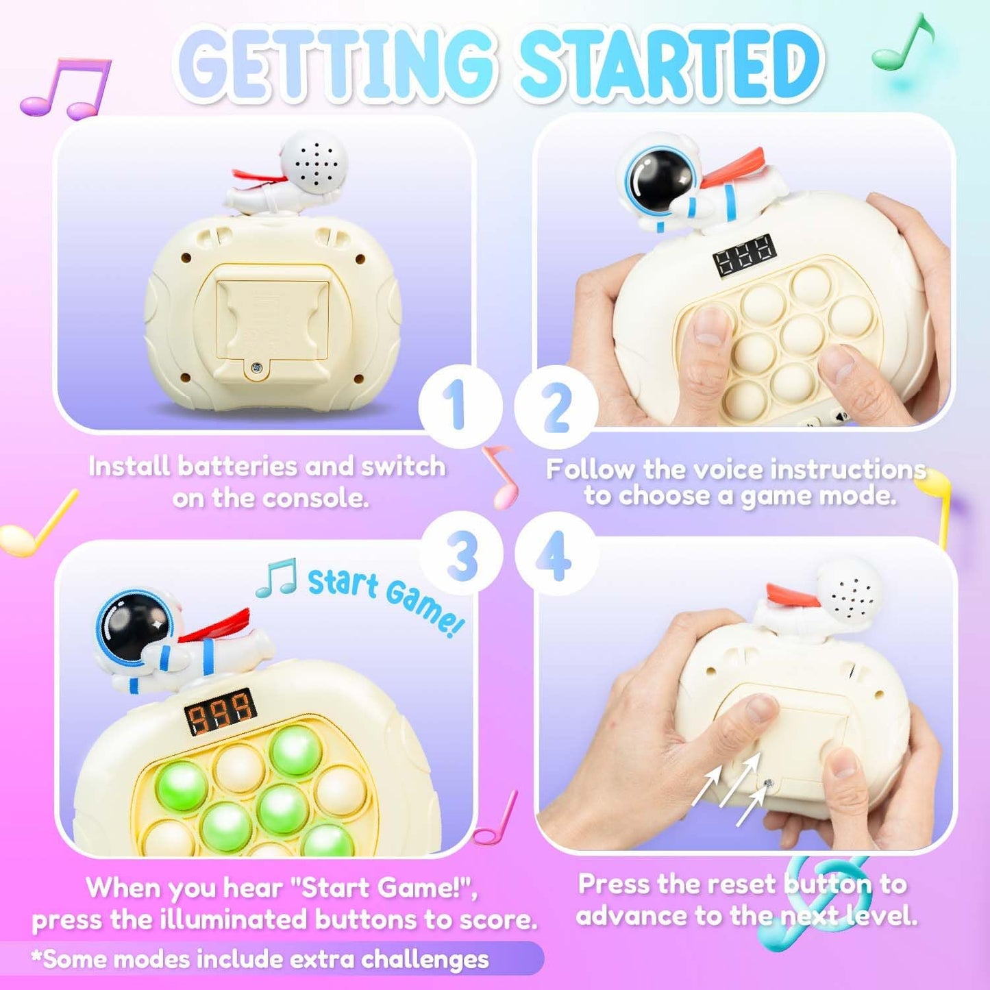 Marlo & Buzz Fast Push Game Toy with Popit Game Controller, Pop Fidget Animal with LED Screen - Sensory and Memory Console, Quick Bubble Light Toy, Pocket Games (White Spaceman)