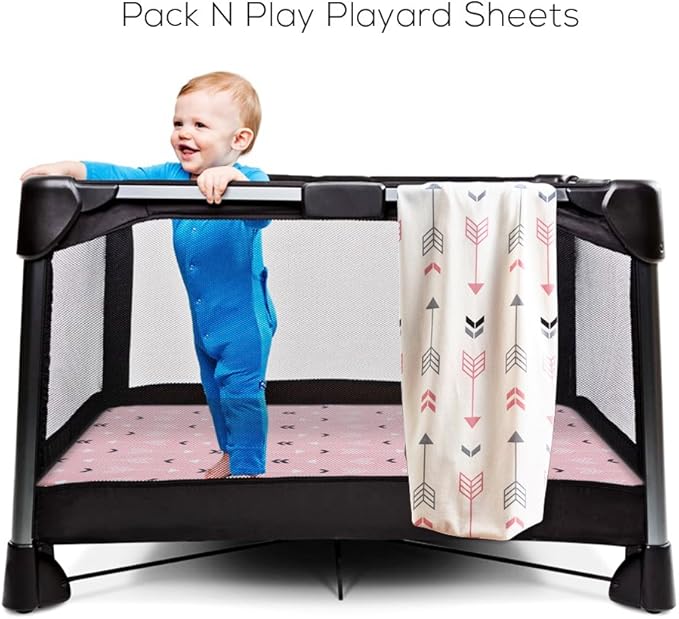 Stretchy Fitted Pack n Play Playard Sheet Set BROLEX 2 Pack Portable Mini Crib Sheets,Convertible Playard Mattress Cover,Ultra Soft Material,Pink White Arrow