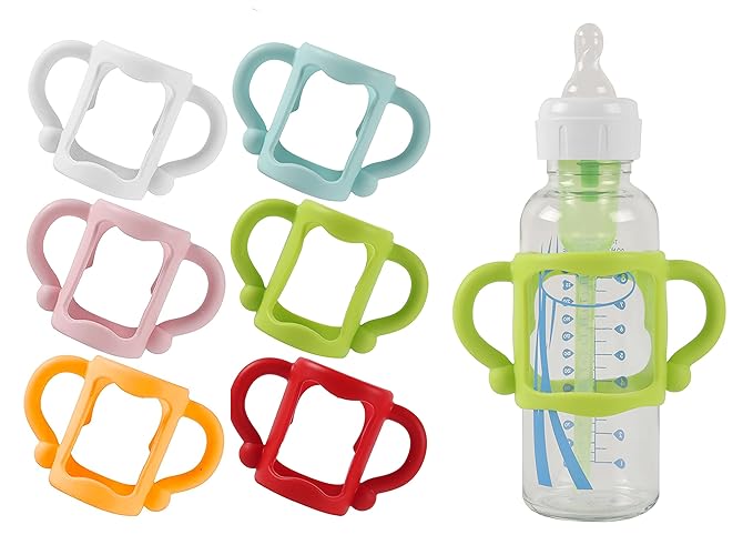 TonGass (6-Pack) Bottle Handles for Dr Brown Baby Bottles with Easy Grip Handles to Hold Their Own Bottle - BPA-Free Soft Silicone (Blue Green Red White Pink Orange, Narrow)