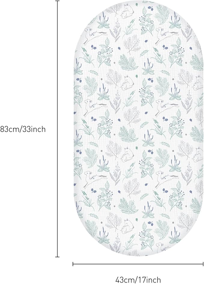 Muslin Bassinet Fitted Sheets, 2 Pack for Baby Boy and Girl, Soft Breathable Baby Pad/Mattress Sheet, Fit for Hourglass Oval and Rectangle Bassinet Mattress (Blue Deer)