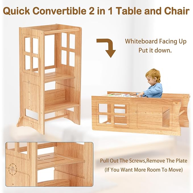 4 in 1 Toddler Step Stool Convertible Table and Chair, Adjustable-Height Toddle Kitchen Step Stool Helper Tower with Double-Sided Whiteboard, Kids Learning Standing Tower for Bathroom Sink