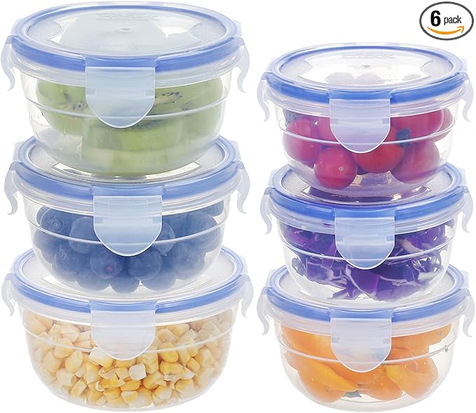 KIGI 6 PACK 20oz 10oz Plastic Mixing Bowls Set with Lid Leakproof Food Storage Container Set Portion Control Bento Box