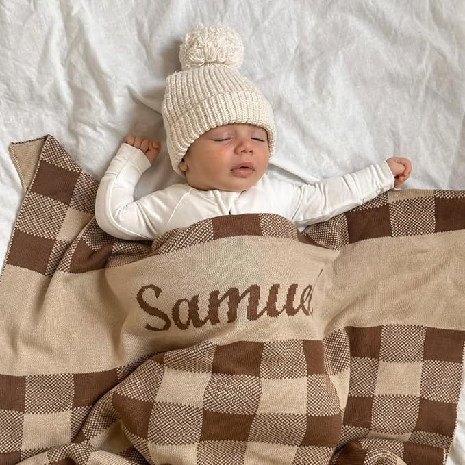 Personalized Gingham Name Blanket – 100% Cotton Baby Blanket, Gingham Band Design, Customized with Name, Boys and Girls, Bassinet and Crib, Gift for Baby, Newborn, Toddler or Kids (Crib)