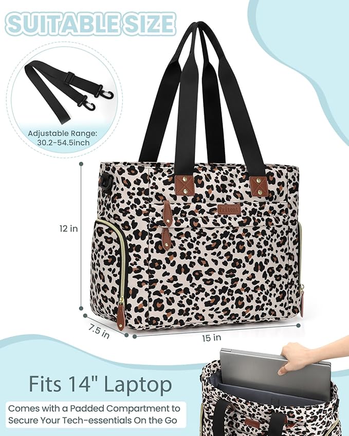 Diaper Bag Tote for Working Mom, Large Travel Diaper Tote for Mom and Dad with 14 Inch Laptop Sleeve, Mommy Maternity Travel Baby Bag for Boys and Girls, Leopard