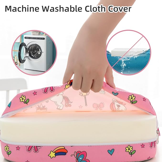 Toddler Booster Seat for Dining Table, Portable Kids Booster Seat with Safety Buckles Portable Increasing Booster Cushion with Non-Slip Bottom (Pink Unicorn)