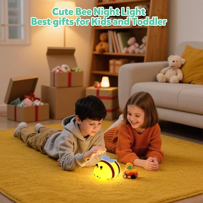 Bee Night Light, Cute Silicone Animal Bedside Lamp, Night Lamp for Kids Room, Dimmable LED Lamp,Bedroom Touch Lamp, Nursery,Baby Room&Girls Room Decor, Baby Boys Girls Gift,Rechargeable Nightlight