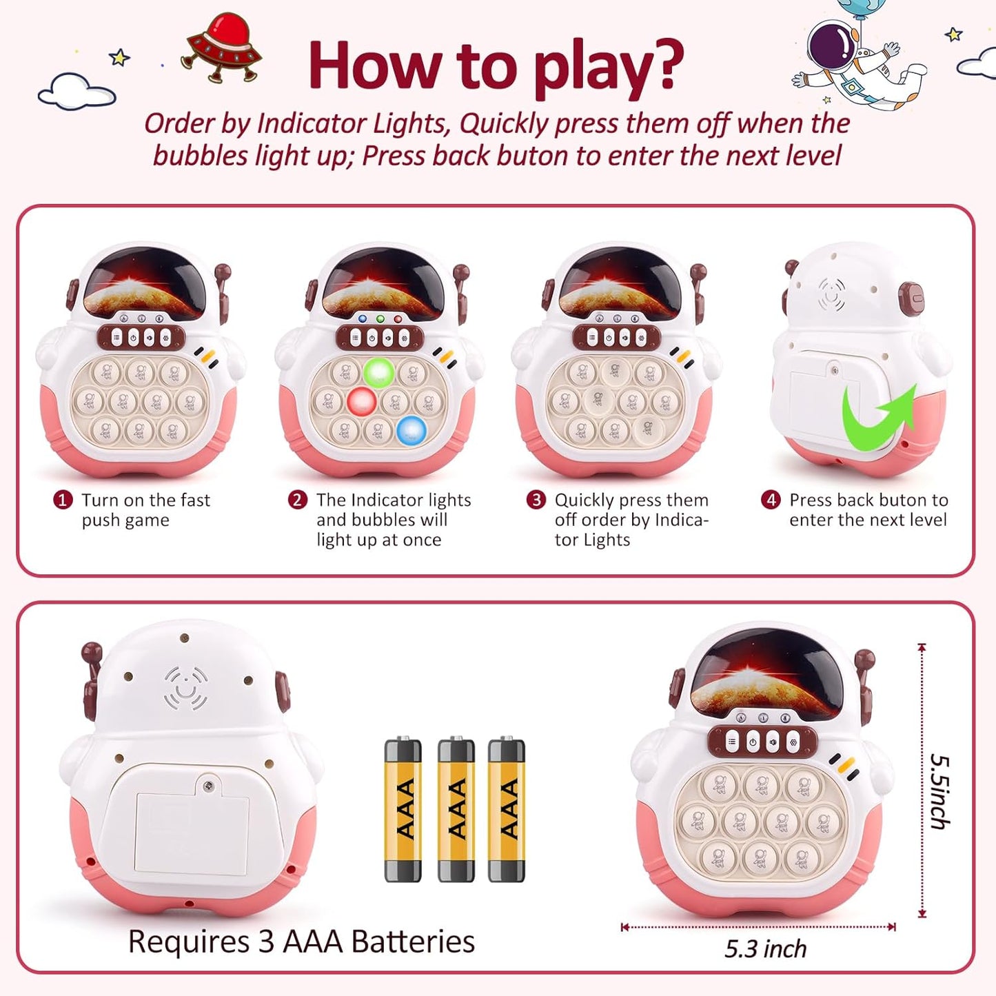 Quick Push Game Fidget Toys for Kids Adults, Handheld Puzzle Game Sensory Toys, Fast Push Bubble Game, Xmas Birthday Gifts for Boys Girls (Astronaut - Pink)