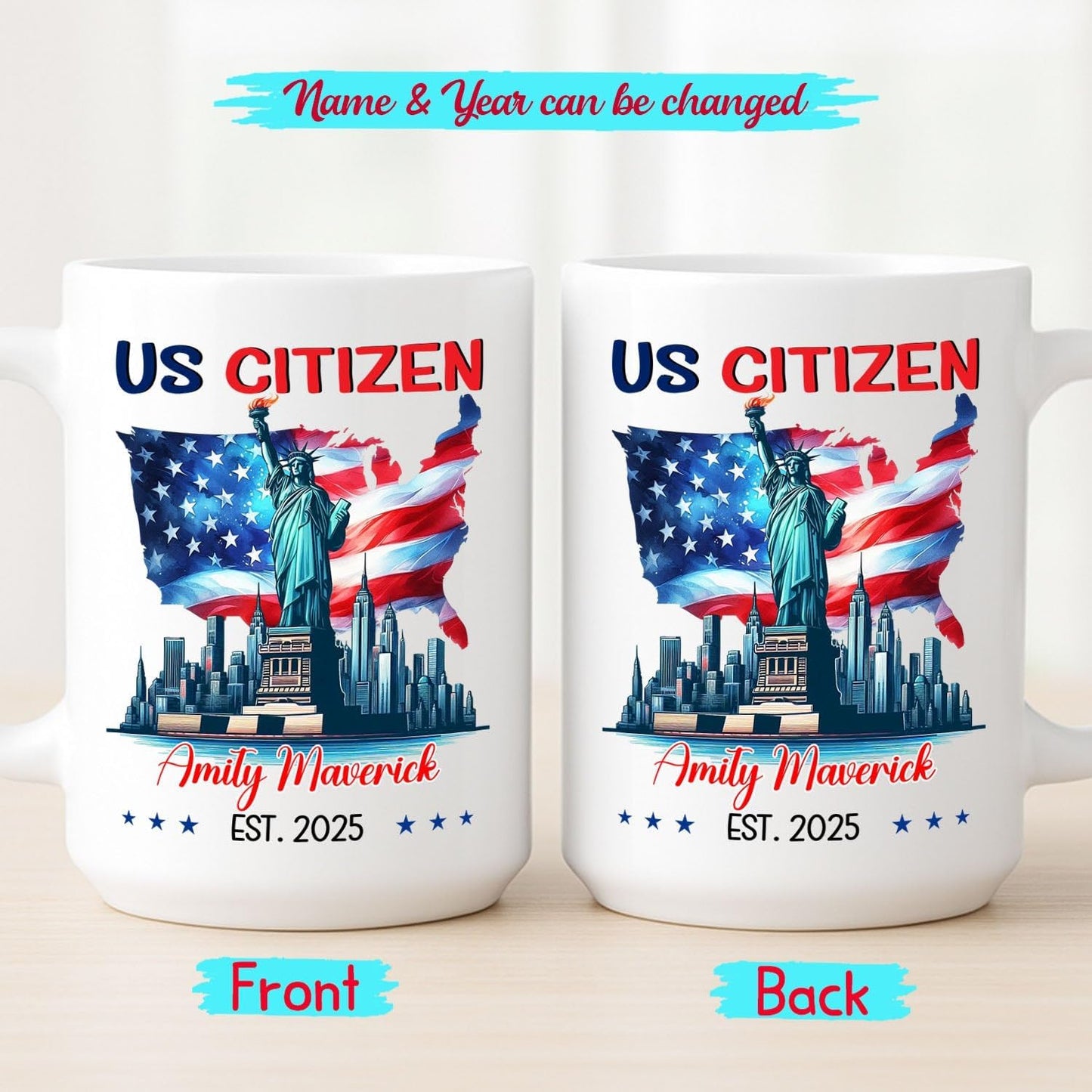 Customized Year & Name American Flag White Mug Gift For Dad Mom Friend Bestie, Unique New US Citizen Ceramic Coffee Cup 11 15Oz, Personalized US Citizenship Travel Coffee Mug, American Citizen Teacup