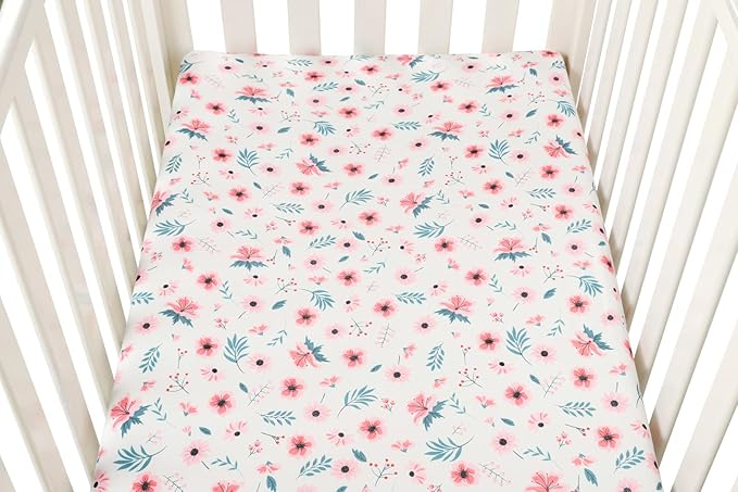 Bassinet Sheet Set 2 Pack Snug Fitted Cradle Fitted Sheets, Stretchy Ultra Soft, for Oval Rectangle Hourglass Bassinet Mattress, Unisex Boy Girl, Floral & Pink