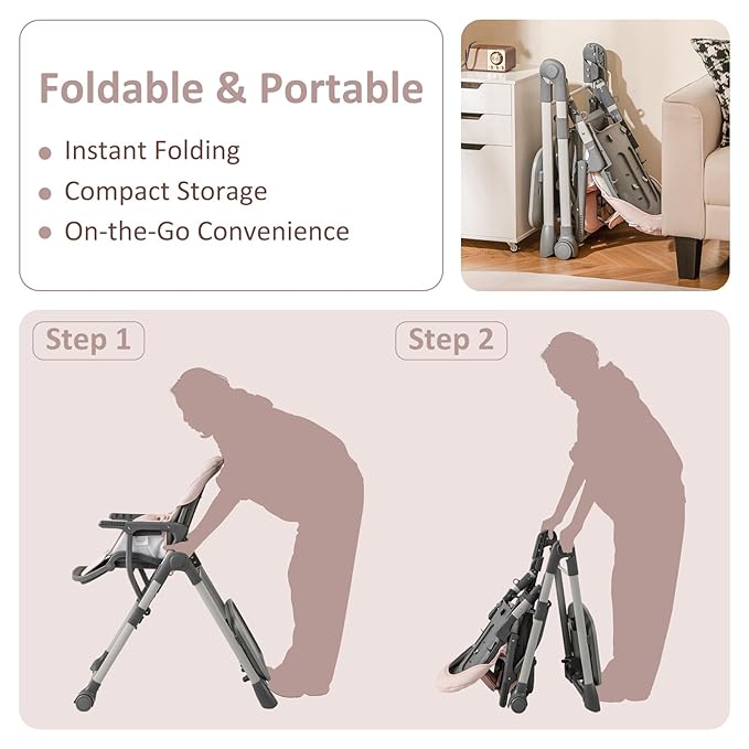 INFANS Baby High Chair, Convertible Quick Folding Portable Highchair for Babies and Toddlers with Adjustable Height Backrest Footrest 2 Wheels Removable Tray, Easy to Clean PU Seat (Pink)