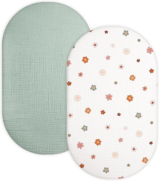 Bassinet Sheet for Baby Boy and Girl 2 Pack, Fitted Sheets for Rectangle, Oval, Hourglass Bassinet Mattress, Muslin Moses Basket Sheets with Neutral Style (Sage & Flower-B)