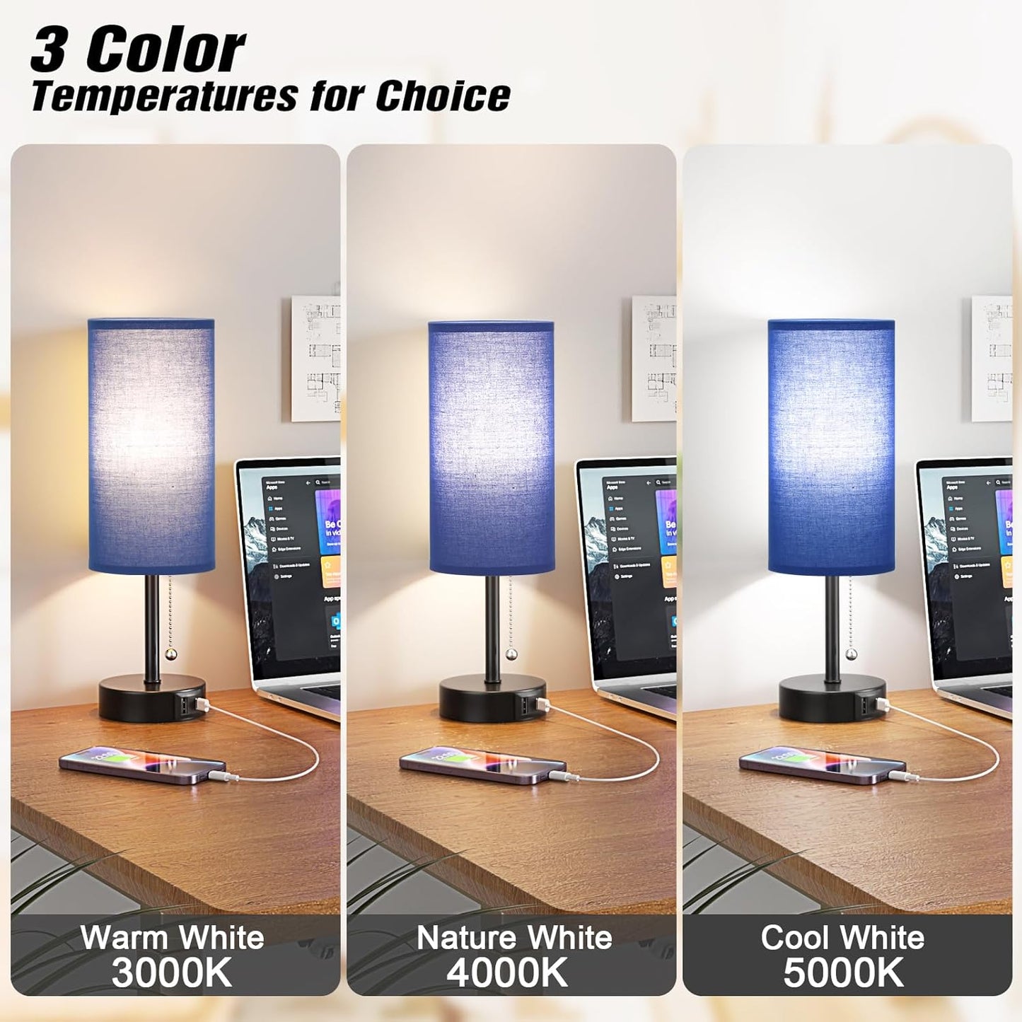 Blue Table Bedside Lamp for Bedroom Nightstand - Small Lamp with USB A + C Charging Port, 3 Color Temperatures Pull Chain Night Stand Light with Bulb, Side Table Desk Reading Lamp for Living Room