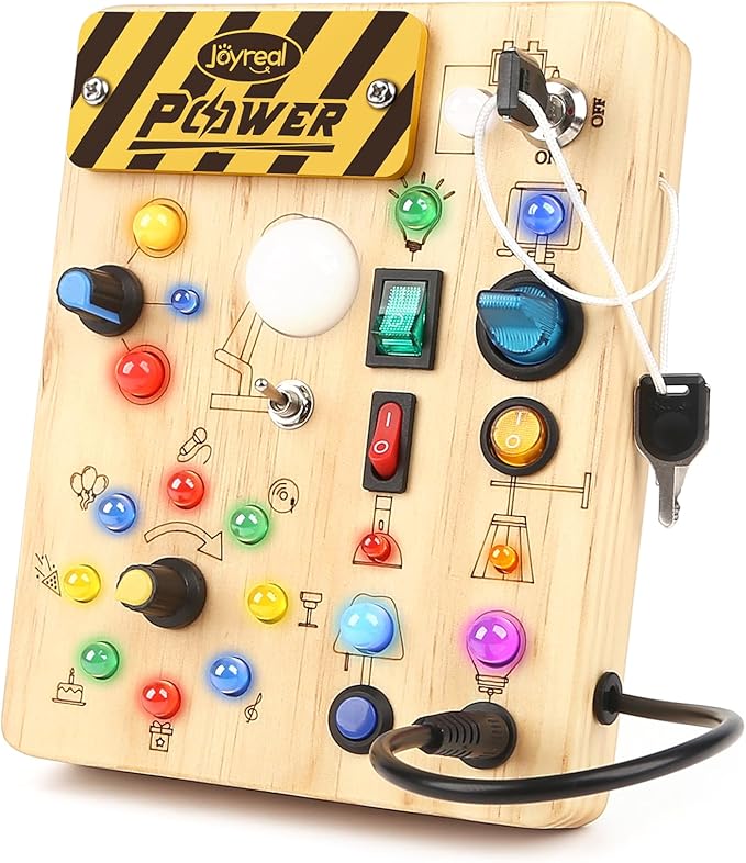 Joyreal Montessori Busy Board Wooden Sensory Toys for Toddler with LED Light Up Switch, Baby Fidget Board Travel Toys for 18+ Months, Boys Girls Birthday, Medium