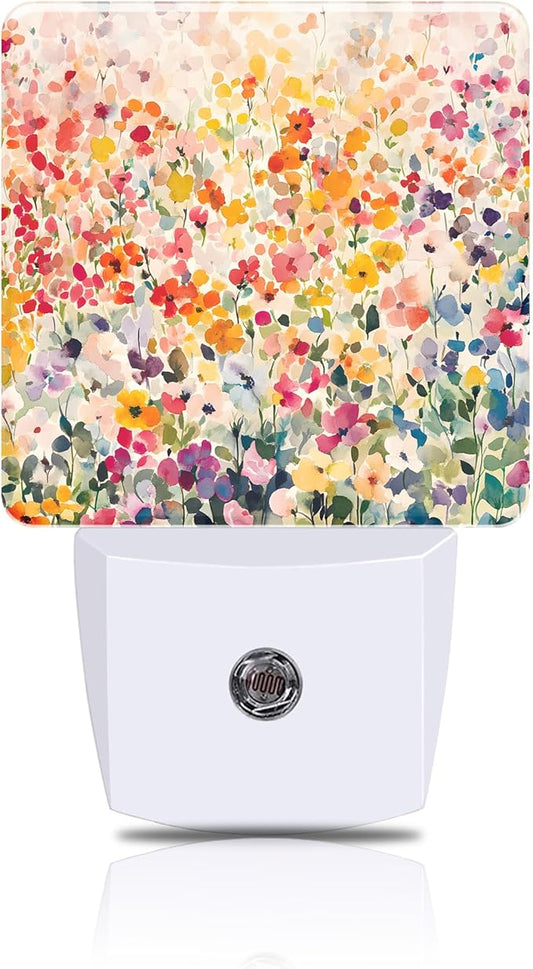 Colorful Flowers Night Light, Watercolor Floral Plug-in Nightlight with Dusk to Dawn Auto Sensor for Home Bedroom Hallway Kitchen 0.5W Sleep Friendly Led Lamp for Women Men