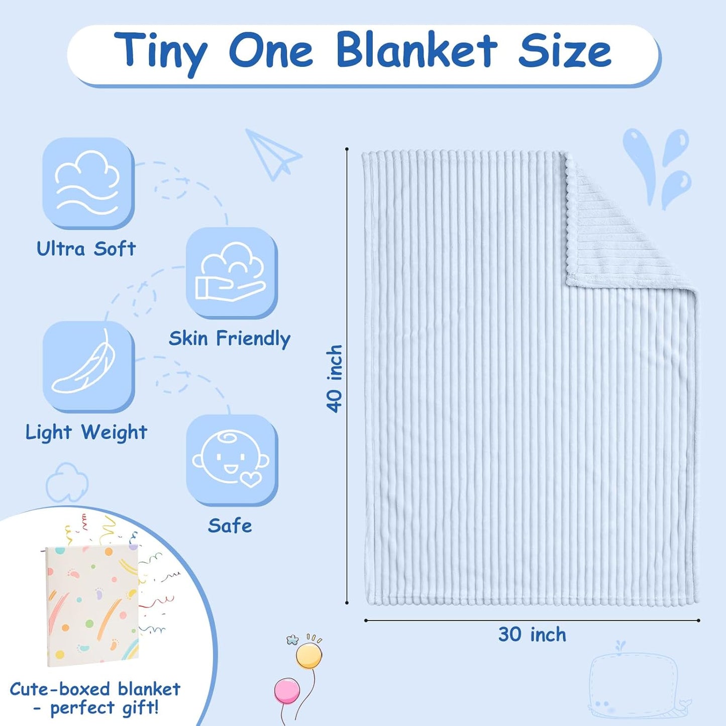 Soft Fleece Baby Blanket Ultra Cozy Blue Baby Blankets for Boys Warm and Lightweight Infant Toddler Newborn Receiving Gift with Reversible Stripes for Crib Stroller, 30x40 Inch, Light Blue