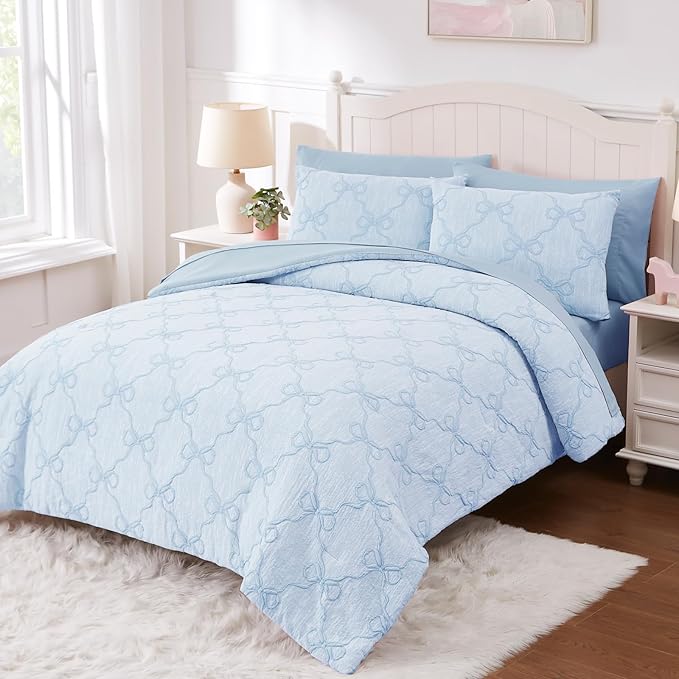Queen Comforter Set with Sheets for Girls-7 Pieces Queen Bedding Sets with Light Blue Comforter, Sheets, Pillowcases & Shams for Kids (Light Blue Bow Knot, 90" X 90")