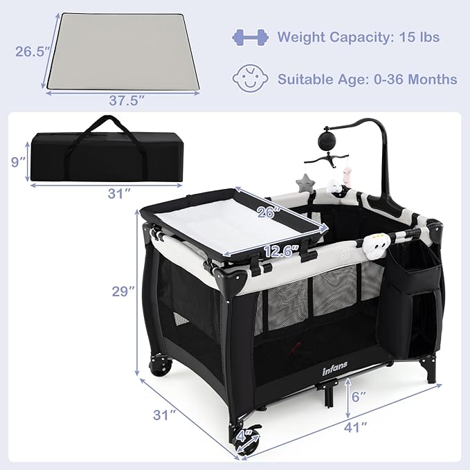 INFANS 3 in 1 Pack and Play, Portable Travel Baby Crib Bassinet with Detachable Mattress, Newborn Changing Table, Foldable Playpen with Carry Bag and 2 Wheels (Morden)