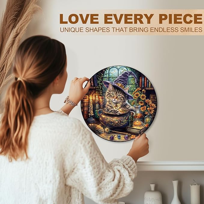 KAAYEE Wooden Puzzles for Adults, Magic Feline Cat Wooden Jigsaw Puzzle 450 PCS Unique Shape Wood Puzzle Adult, 3D Effect Flat Puzzle Birthday Family Game (XL-17.3 * 17.3in)