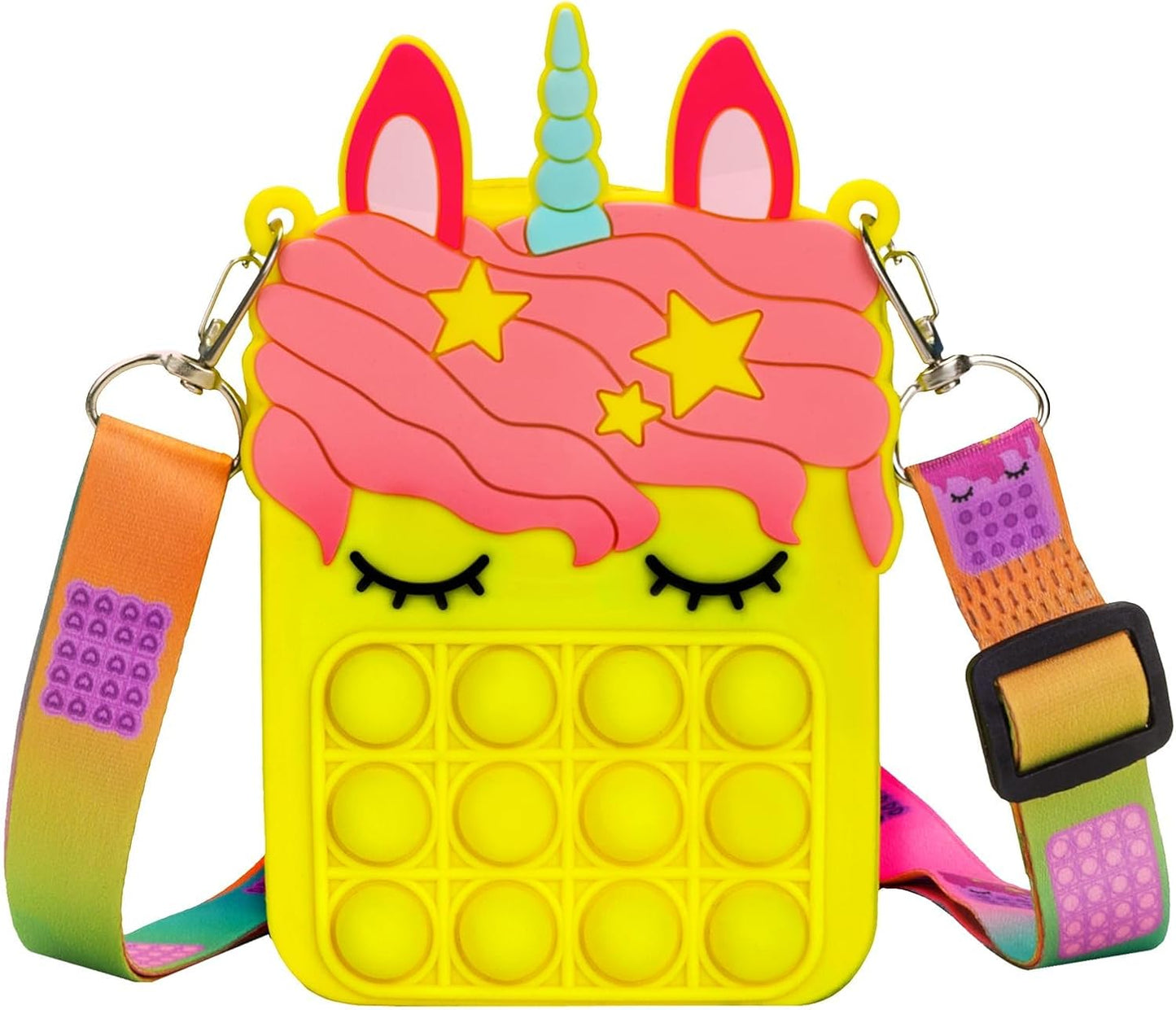 civan Mini Yellow Pop Purse for Girls Boys Crossbody, 2 in 1 Pop Bag Fidget Purse Toy Push Bubble Handbags, Silicone Sensory Toys Messenger Bag for Kids Birthday Gift Cartoon Bag Toy for Students Kids