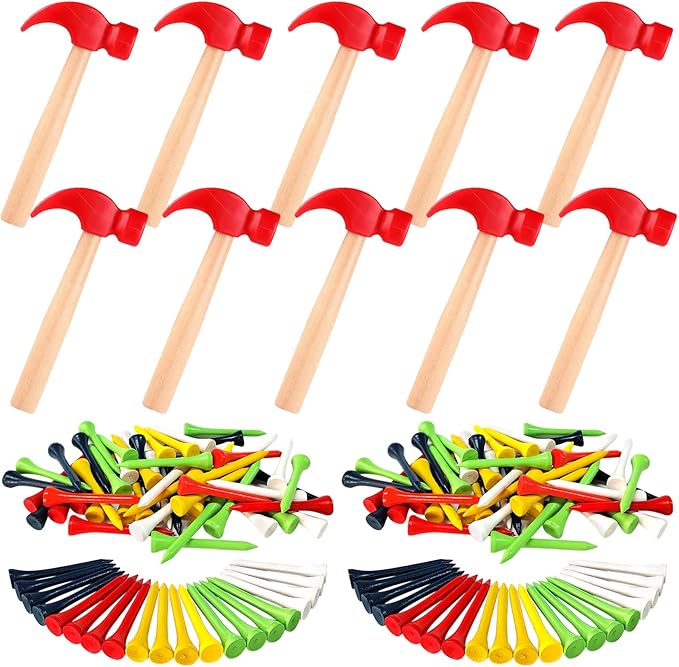 10 Pcs Kids Wooden Hammer Toy with 100 Pcs Colorful Wood Golf Tees, Small Plastic Hammer Simulation Hammers Educational Toys for Children Gift Birthday Party Halloween (Red)