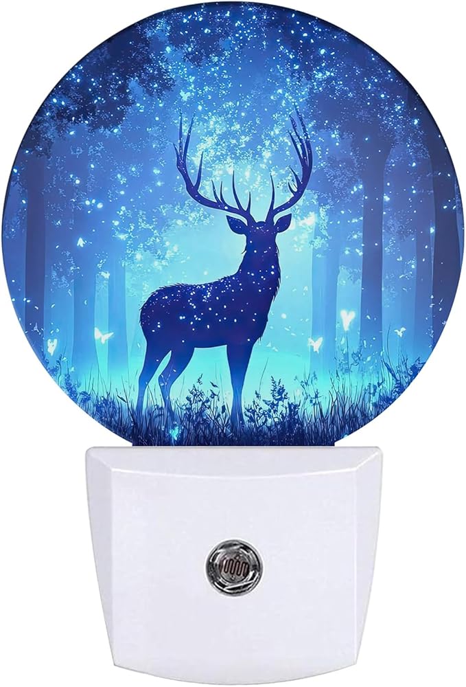 Deer Pine Tree Night Light Foggy Forest Night Lights LED Lamp Round Plug into Wall Nightlight with Dusk to Dawn Sensor Home Hallway Stairway Kitchen Decor