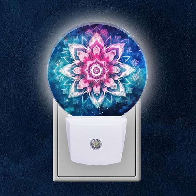 Round LED Night Lights Lamp with Dusk to Dawn Sensor, Mandala Flower with Pink and Blue Colors Night Light Plug Into Wall for Kids Room, Bedroom, Bathroom, Kitchen, Hallway