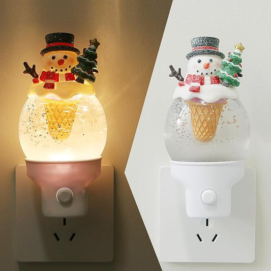 Christmas Snowman Night Light Plug into Wall Swirling Glitter USB Portable Christmas Decorative Night Light Decoration for Bedroom Kitchen Living Room Holiday Decor (Snowman Cookie Cone)