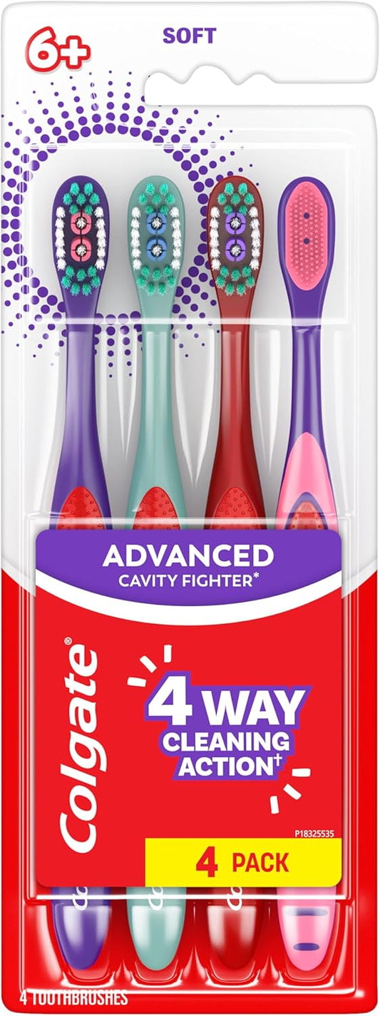 Colgate Extra Soft Kids Toothbrushes, Advanced Cavity Fighter Kids Toothbrush Pack, Extra Soft Bristles Help Remove Plaque and Stains for a Gentle Clean, for Children Ages 6 and Up, 4 Pack