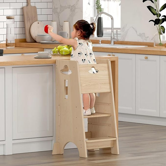 COSYLAND Height Adjustable Toddler Standing Tower - Super Stable Toddler Kitchen Stool Helper with Wooden Barrier - No Falling or Tipping Over (Natural)